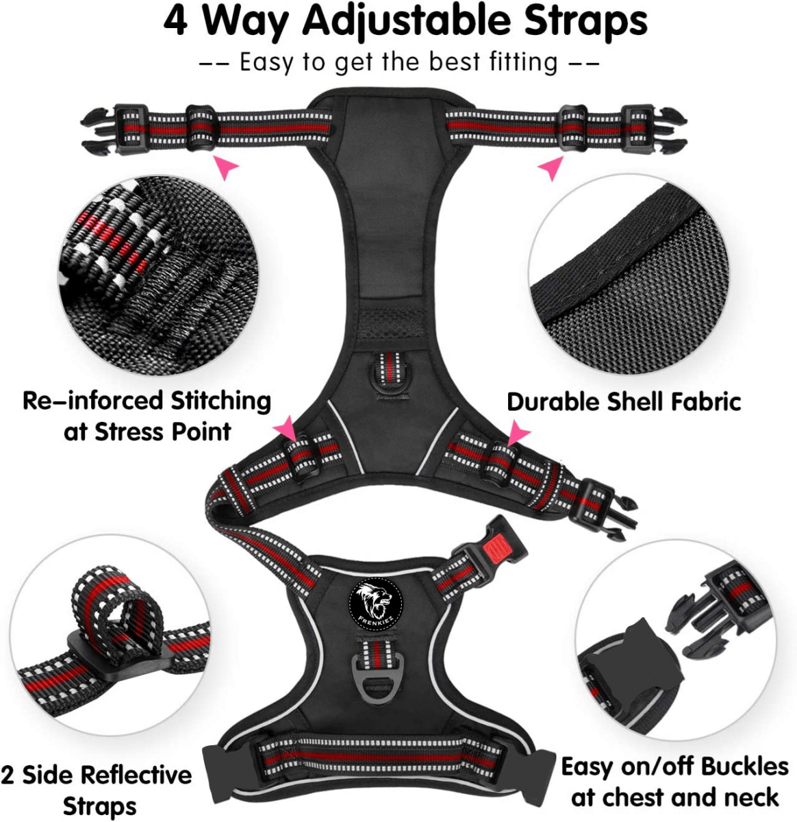 Frenkiez reflective Y tuig no pull dogharness black/red hondentuig > honden harnas > Y tuigen Small