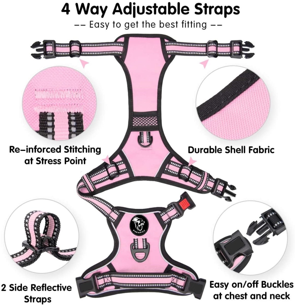 Frenkiez reflective Y tuig no pull dogharness light pink hondentuig > honden harnas > Y tuigen X - Small
