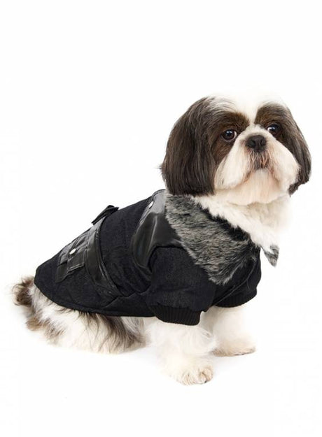 Urban Pup Black Fabric Coat with Fur Collar & Leather Belt Hondenkleding > hondenjas Small