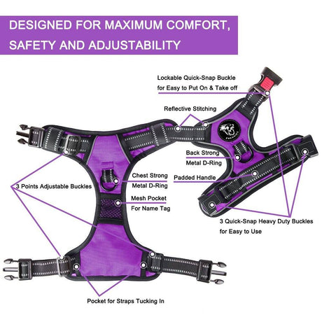 Frenkiez reflective no pull lockable dog harness purple hondentuig > honden harnas > Y tuigen Small